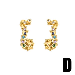 Cute seahorse stud earrings in gold finish with colorful zircon stones on white backdrop