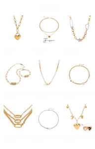 Collage of stainless steel necklaces and bracelets with 18K gold plating and charms