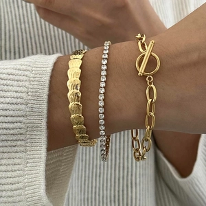 Ensemble de 3 bracelets en acier inoxydable plaqué or 18 carats avec zircon et chaîne