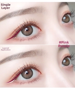 Macro view of pink-purple eyeliner showing single and double layered application styles