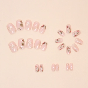 Set di 24 unghie finte corte rosa con eleganti motivi a fagiolo rosso e farfalla