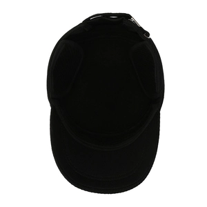 Black winter flat top hat for men with warm fleece lining and foldable ear flaps