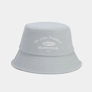 Detail of light blue-gray cotton bucket hat with white vintage Psalmist letter printing