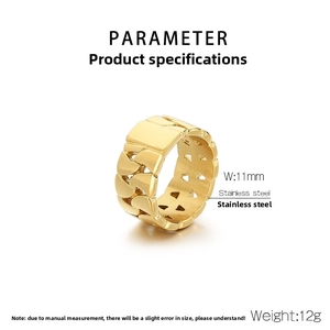 Detail shot of 11mm wide golden stainless steel chain link ring with polished finish