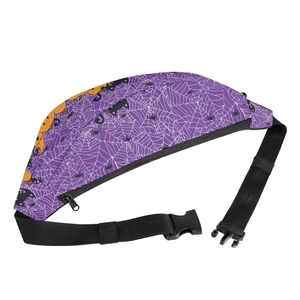 Halloween waist bag with purple spider web print featuring cartoon black cat and pumpkins
