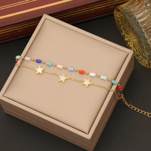 Bohemian stainless steel double-layer bracelet with colorful beads and golden stars