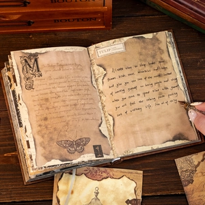 European vintage diary notebook featuring aged burnt-edge pages and elegant illustrations