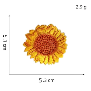 Detail showing embroidered sunflower patch dimensions 5.3cm x 5.1cm with weights 2.9g