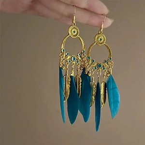 Detail of bohemian drop earrings featuring turquoise feathers and antique gold metal finish