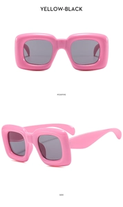 Front and side views of pink square bubble sunglasses for kids with dark gray lenses