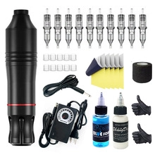 Complete tattoo kit with black rotary pen, power supply, cartridges, and cleaning fluids