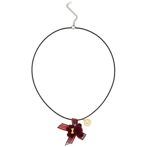 Collana con orsetto floccato, fiocco a quadri e ciondolo a cuore su cordino nero