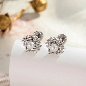 Artificial Pearl Ear Cartilage Stud Geometric Zircon Copper Stainless Steel Screw Back Vintage French Style Women Accessory
