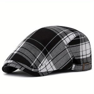Classic black and white plaid flat cap with adjustable bronze metal buckle and retro style