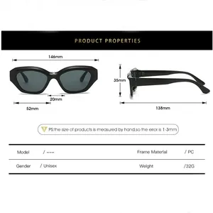 Detailed size chart for cat eye sunglasses with frame width and lens height dimensions