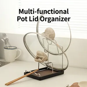 Multifunctional metal lid holder with wood grain base for kitchen utensil storage