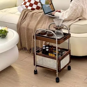Retro Tiered Mobile Storage Trolley Utility Cart With Wheels Rubber Wood 304 Stainless Steel Rattan Medieval Side Table