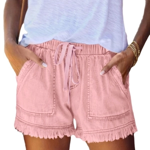 Short en jean rose pour femme avec taille élastique à cordon et bordure à franges brutes