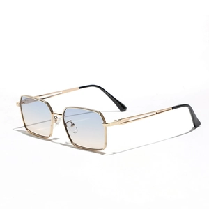 Fashionable square metal sunglasses with gradient lenses shown from a 45-degree angle
