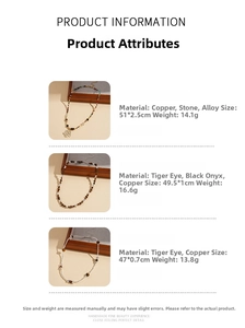 Detail view of retro beaded necklaces with tiger eye stones and copper charms