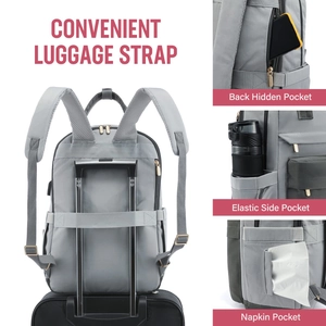 Detail view of laptop backpack features including luggage strap and anti-theft pocket