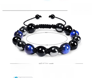 Detail von 10mm Blaue Tigerauge-Perlen und Hämatit mit verstellbarer geflochtener Kordel