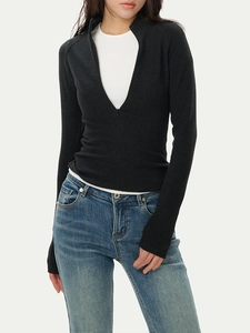 Slim fit dark grey half-zip thermal mock neck sweatshirt with long sleeves for women