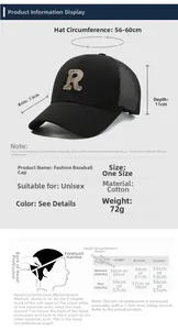 Detailed size chart for the embroidered R baseball cap showing dimensions and measurements