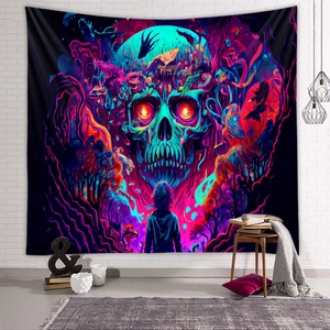 Detail view of psychedelic skull tapestry with vibrant neon colors on a white brick wall