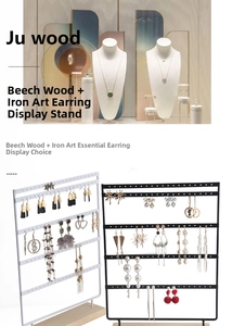 Detail of 5-tier earring display stand with beech wood base and iron storage frame