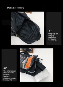 Detail view of the spacious inner compartment showing laptop storage in a black backpack