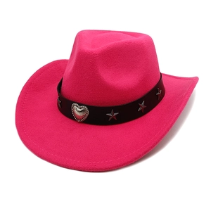 Detail of rose pink wool felt cowboy hat with silver star studs and heart buckle