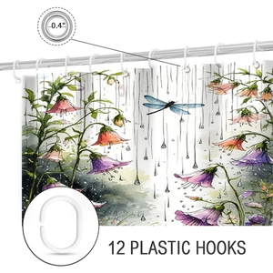 Detail of floral shower curtain with 12 hooks and 0.4 inch metal grommet rings