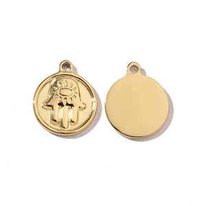Detailed view of gold-plated stainless steel Hamsa hand pendants with a mirror finish