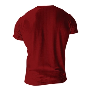 Detail view of the back of a slim fit burgundy ribbed V-neck henley T-shirt for men