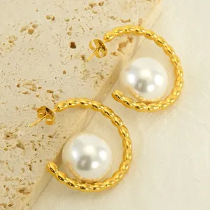 Artificial Pearl Hoop Earrings Stainless Steel 18K Gold Plated French Retro C Shape Textured Fashion Jewelry For Women