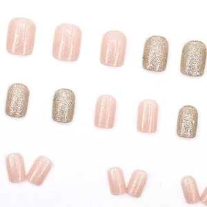 Short square pink glitter press-on nails set in French sweet style for women