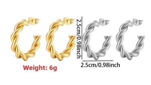 Macro detail of twisted texture gold and silver C-shaped earrings with size measurement