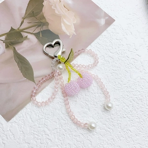 Pink beaded cherry pendant keychain with heart metal clasp and white pearl charm