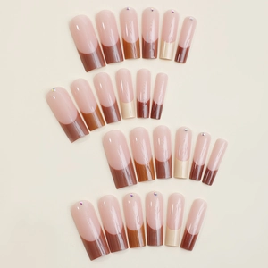 French tip press-on nails with brown gradient and small diamond accents set