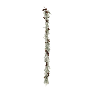 Christmas garland with pine cones and flocked faux cedar needles on a white background