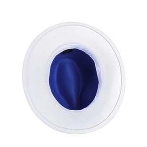 Two-tone felt fedora hat in white and royal blue lining with classic wide brim design