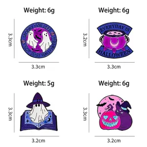 Halloween enamel pin set featuring cartoon ghosts, magic cauldron and pumpkin cat motifs