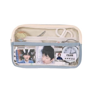 Blue and white transparent pencil case with multiple layers for school supplies storage