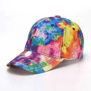 Detailed side view of tie-dye baseball cap showing colorful patterns and stitching