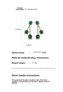 Detailed view of silver needle square tassel earrings with dimensions and weight info