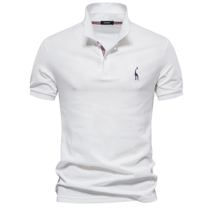 White cotton Polo shirt for men with giraffe embroidery and striped collar detail