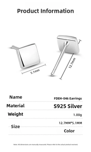 Detailed size specifications for S925 sterling silver square stud earrings with dimensions
