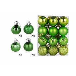 Detail of 24 green Christmas balls with matte, shiny, glitter and swirl textures