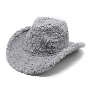 Grey plush western cowboy hat with thick wool-like texture for winter warmth